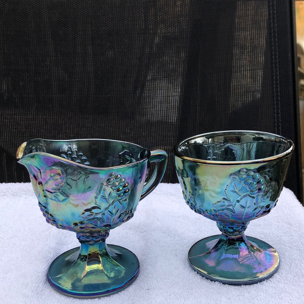 Vintage Carnival Blue Iridescent Harvest Grapes Creamer & Sugar Set